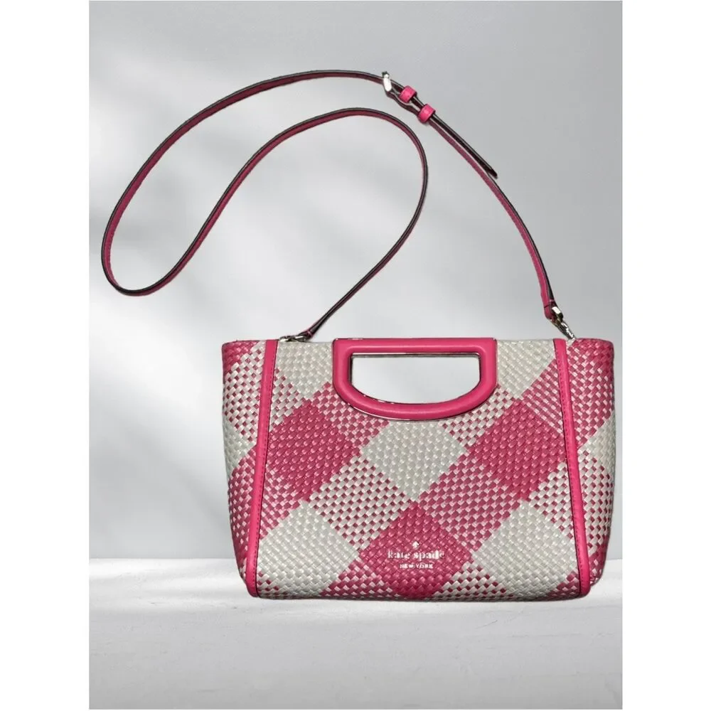 Kate Spade NY Alexia Pink & White Gingham Woven Convertible Crossbody Clutch Bag